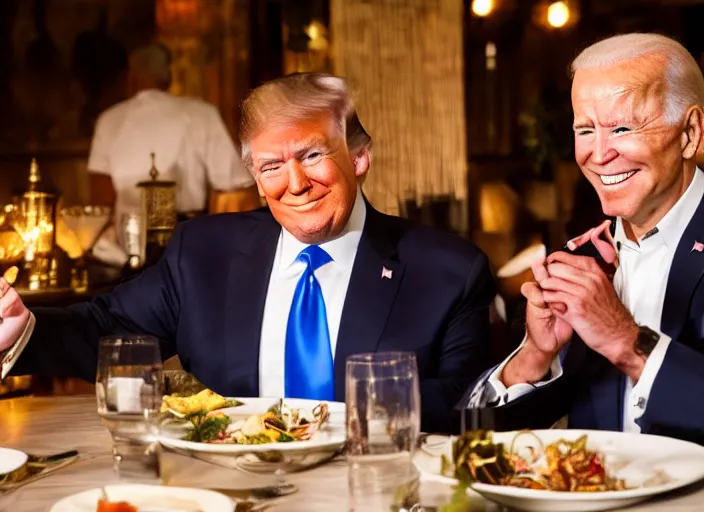 Image similar to Trump and Biden having dinner at a fancy Balinese restaurant, award winning cinematic photography, sigma 85mm Lens F/1.4, blurred background, perfect faces