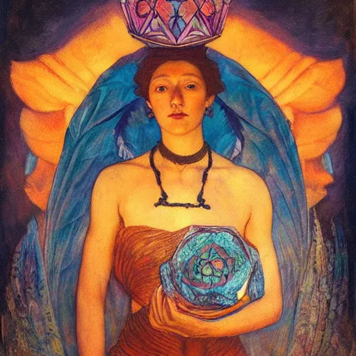 Prompt: queen of the dawn with her lantern, by Annie Swynnerton and Nicholas Roerich and Diego Rivera, bioluminescent skin, feather tattoos, elaborate costume, geometric ornament, symbolist, soft colors, smooth, sharp focus, extremely detailed