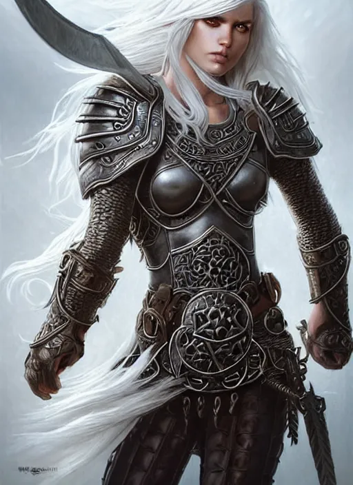 Image similar to warrior, leather armor!!! long wild white hair!! covered chest!!! fantasy, d & d, intricate ornate details, digital painting, pretty face!!, symmetry, concept art, sharp focus, illustration, art by artgerm! greg rutkowski magali villeneuve wlop! ilya kuvshinov!!, octane render