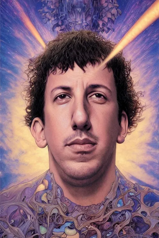 Image similar to adam sandler, by artgerm and yoshitaka amano and moebius and hr giger and zdislaw beksinski and alphonse mucha, hyperdetailed, symmetry, glamour, surreal, dc comics, ornate, stunning, nebula, explosions in the sky, trending on artstation