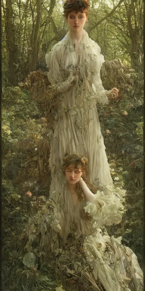 Image similar to dress made of leaves, masterpiece by Edgar Maxence and Ross Tran and Michael Whelan, gustav dore, carravaggion, realistic fantasy, establishing shot, 8k, octane render, moonbeams