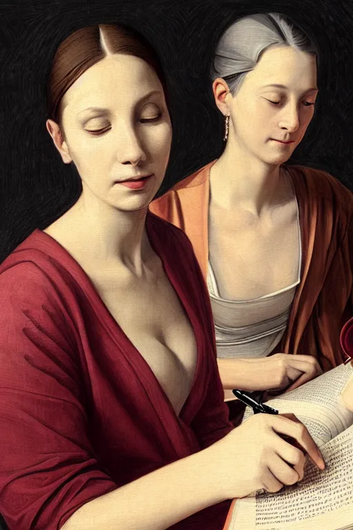 Image similar to portrait of two wise and very beautiful women reviewing some texts, art by tiziano, intricate, elegant, highly detailed, smooth, sharp focus, artstation