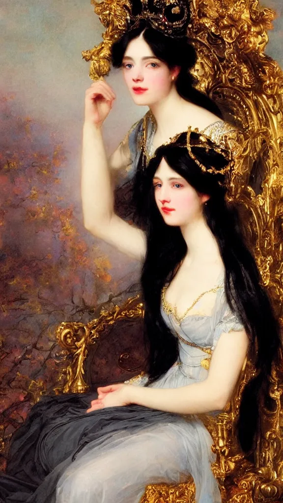 Image similar to a beautiful black haired woman with pale skin and a crown on her head sitted on an intricate metal throne by franz xaver winterhalter and delphin enjolras and rebecca guay