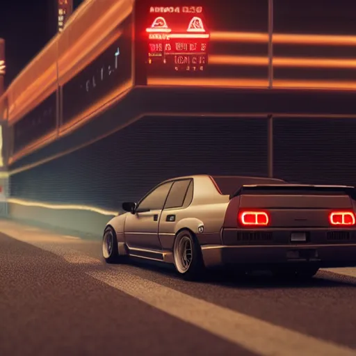 Prompt: a nissan skyline r 3 2 drifting in the japanese streets at night, 3 d render, realism, octane render, synthwave, highly detailed