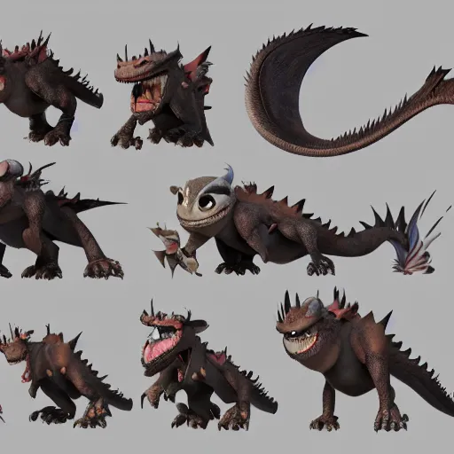 Prompt: Concept, 3d render sheet Dragon concept artwork character design by Disney Pixar, in the style of ‘how to train your dragon’, ‘luca’ etc, high detail, detailed feathers, textures, scales and fur, 3d render