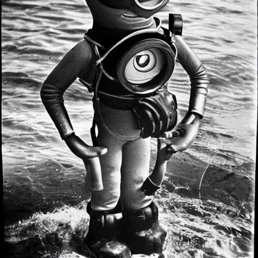 Prompt: old creepy black and white photograph of a minion!!!!! in deep sea diving gear