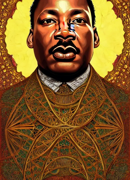 Image similar to : Martin Luther king fantasy, fantasy magic,  , intricate, sharp focus, illustration, highly detailed, digital painting, concept art, jahbu art and Paul lewin and kehinde wiley, masterpiece