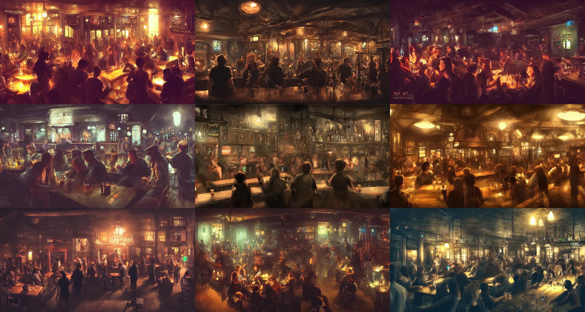 Prompt: lots of people having fun at a pub, digital art, dark lighting, great atmosphere, trending on artstation