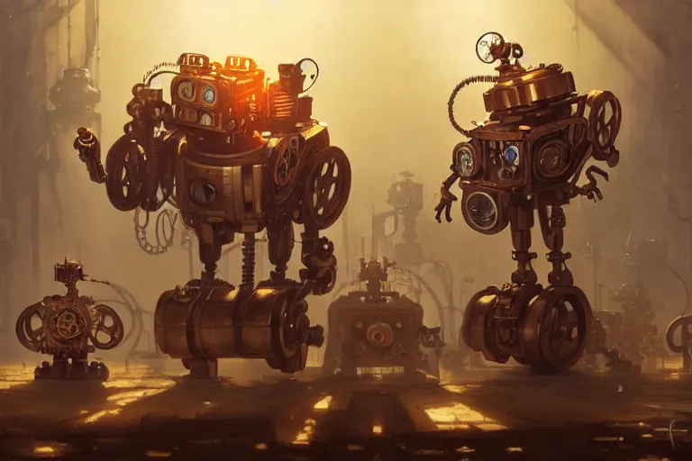 Image similar to steampunk robots expressively dancing by otto dix and greg rutkowski and andreas rocha, cinematic lighting, highly detailed, warm colours, 4 k