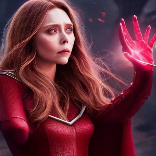 Image similar to movie still of elizabeth olsen as scarlet witch rewriting the fabric of reality, photorealistic art style, fantasy aesthetic. full - body photography, comprehensive art, thorough details, intricate, artstation, cgsociety contest winner