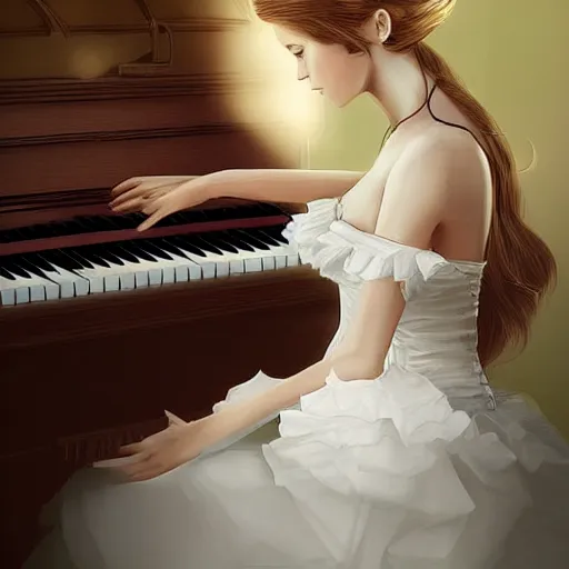 Image similar to a princess in a white wedding dress playing piano, Digital art, by wlop,highly detailed