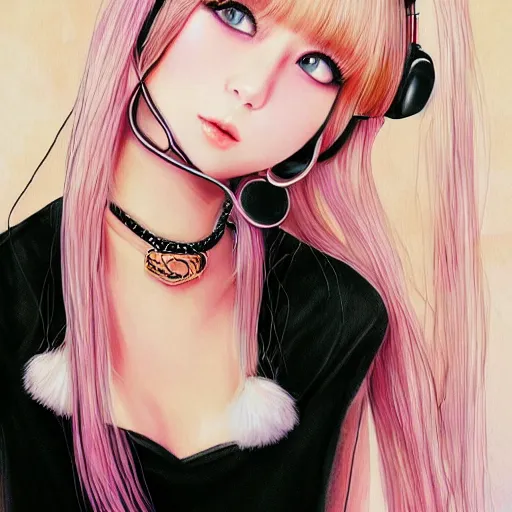 Image similar to realistic beautiful gorgeous natural cute Blackpink Lalisa Manoban blonde hair cute fur blonde cat ears, wearing camisole, wearing headphones, wearing black leather choker artwork drawn full HD 4K highest quality in artstyle by professional artists WLOP, Taejune Kim, Guweiz on Artstation Pixiv