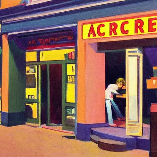 Image similar to a portrait painting of mick jagger working in a record store in 1 9 6 9, artistic, in the style of edward hopper