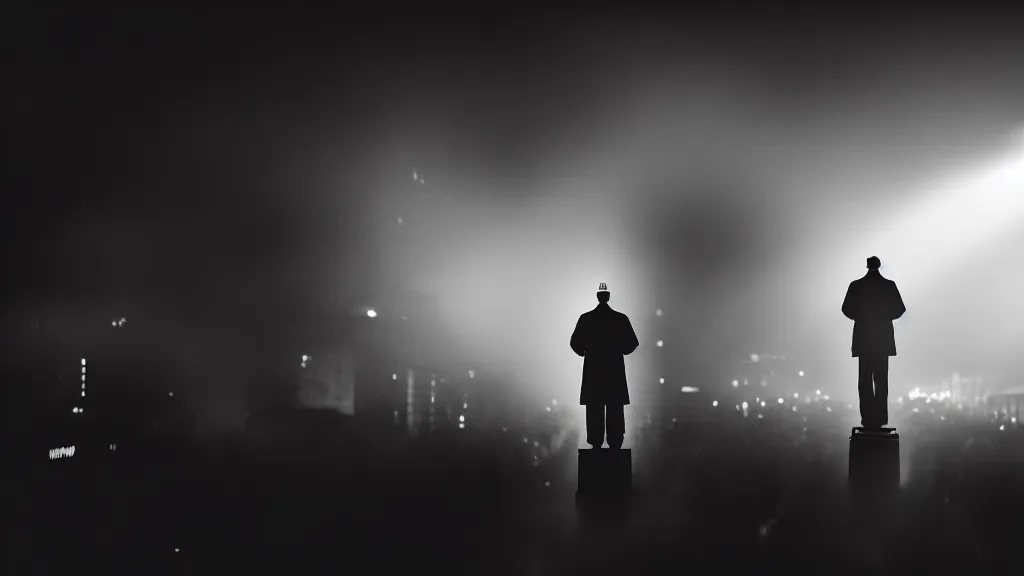 Prompt: a priest stands on a podium in front of a crowd on the street, fog, volumetric lighting, mystique, atmospheric, sharp focus, ultra detailed, noir art house, 4 k, cinematic, 3 5 mm