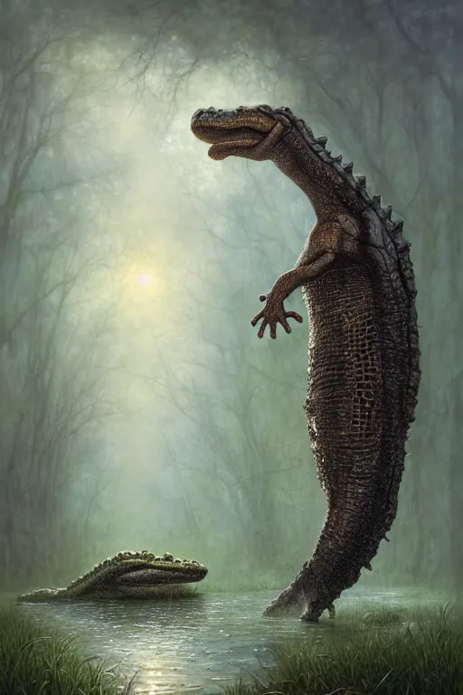 Prompt: a man fighting a giant alligator in a swamp by tomasz alen kopera.