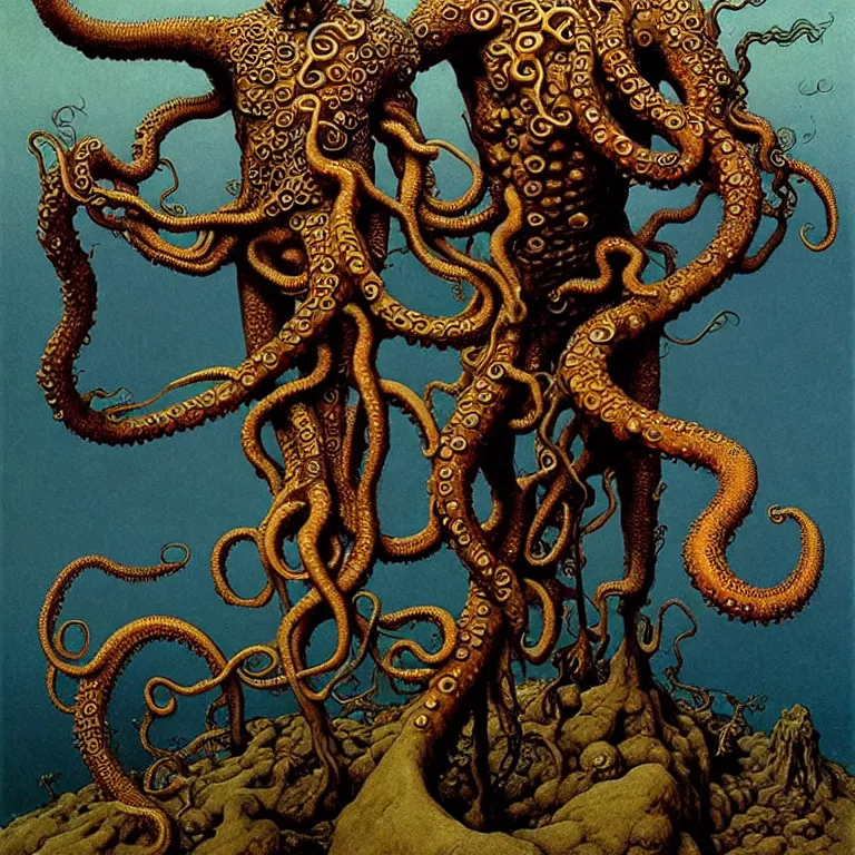 Prompt: A detailed semihuman with tentacles growing out of his head and with armored joints stands with a pebble in hands and toes. Wearing a mantle. Extremely high details, realistic, fantasy art, solo, masterpiece, ripped flesh, art by Zdzisław Beksiński, Arthur Rackham, Dariusz Zawadzki