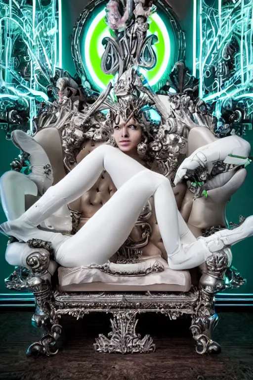 Image similar to full-body rococo and cyberpunk style neon statue of a young attractive Daniel macho dotado e rico android sim roupa reclining con las piernas abertas e la piroca dura, glowing white lasers, glowing eyes, silver prince crown, silver steampunk gears, white diamonds, swirling mint-colored silk fabric. futuristic elements. ethereal white dripping tar. full-length view. space robots. human skulls. large white balloon animals. intricate artwork by caravaggio. Trending on artstation, octane render, cinematic lighting from the right, hyper realism, octane render, 8k, depth of field, 3D