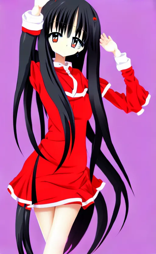 Image similar to anime girl with a detailed face and black hair in a red outfit, full body photo, illustration