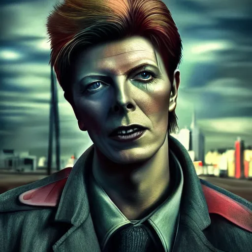 Image similar to fallout 5, charismatic david bowie, portrait, outdoors ruined cityscape, atmospheric lighting, painted, intricate, volumetric lighting, beautiful, daytime, sunny weather, slight overcast, sharp focus, deep colours, ultra detailed, by leesha hannigan, ross tran, thierry doizon, kai carpenter, ignacio fernandez rios