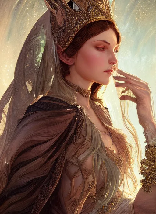 Prompt: up close portrait of a beautiful elven priestess, d & d, face, fantasy, intricate, elegant, highly detailed, digital painting, artstation, concept art, smooth, sharp focus, 4 k uhd, illustration, art by artgerm and greg rutkowski and alphonse mucha