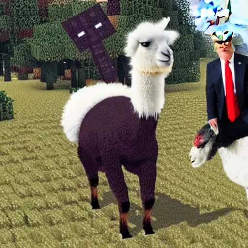 Image similar to donald trump riding a llama in minecraft