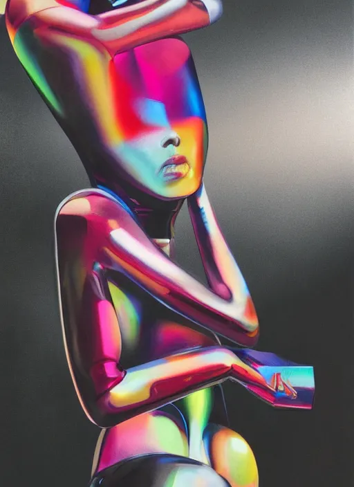 Image similar to futuristic lasers tracing, colorsmoke, leather fullbodysuit, pyramid hoodvisor, raindrops, wet, oiled, beautiful cyborg girl, by steven meisel, kaws, rolf armstrong, mondrian, kandinsky, perfect geometry abstract acrylic, octane hyperrealism photorealistic airbrush collage painting, dark monochrome, fluorescent colors, minimalist rule of thirds, eighties eros