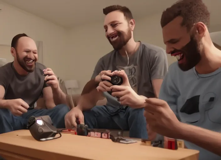 Prompt: Two buddies sitting in a room, smoking a hugh blunt and playing playstation 5, they both laugh maniacally. wideshot. 4k.