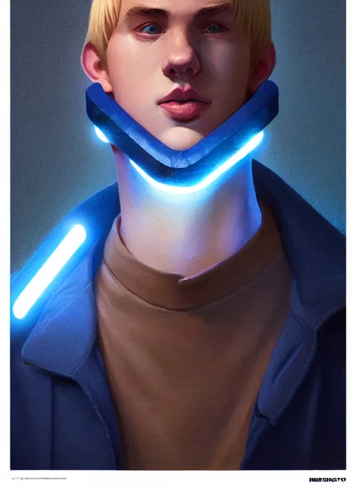 Image similar to portrait of high school senior boy named big moose, blonde short hair, jock, beefy, wide face, square jaw, square facial structure, blue varsity jacket with letter r, intricate, elegant, glowing lights, highly detailed, digital painting, artstation, concept art, sharp focus, illustration, art by wlop, mars ravelo and greg rutkowski