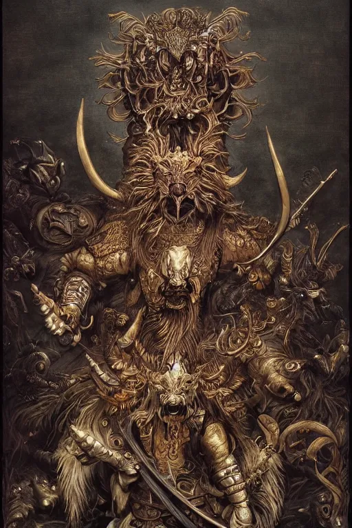 Image similar to a animal warrior from Chinese mythology, symmetrical, final fantasy, insanely detailed and intricate, golden ratio, hypermaximalist, elegant, ornate, luxury, elite, horror, creepy, ominous, haunting, matte painting, cinematic, cgsociety, James jean, Brian froud, wayne barlowe