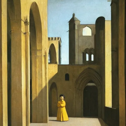 Image similar to in the distance, a little girl with short black hair and wearing a yellow coat alone in the inner courtyard of a cloister in an abbey, the light is bright and wintry, painting by hopper and de chirico