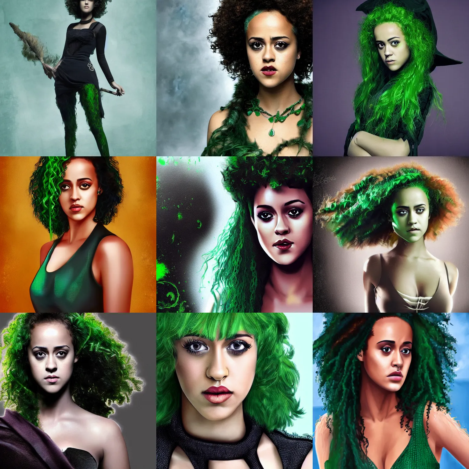 Prompt: Nathalie Emmanuel with green-hair and dressed like a witch, detailed digital art, 4K HD