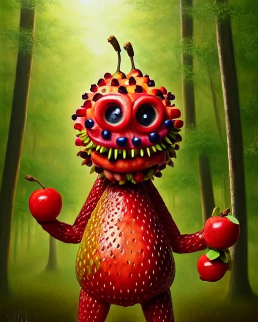 Image similar to portrait of a fruit figurine monster made of different fruit, 3 4 5 3 1, standing in a forest, staring wide open eyes, open mouth, very detailed eyes, trees in the background, sunlight, oil painting, highly detailed, dramatic lighting, hyperrealistic, 8 k, smooth, intricate, artstation, cgsociety, by artgerm, by wlop