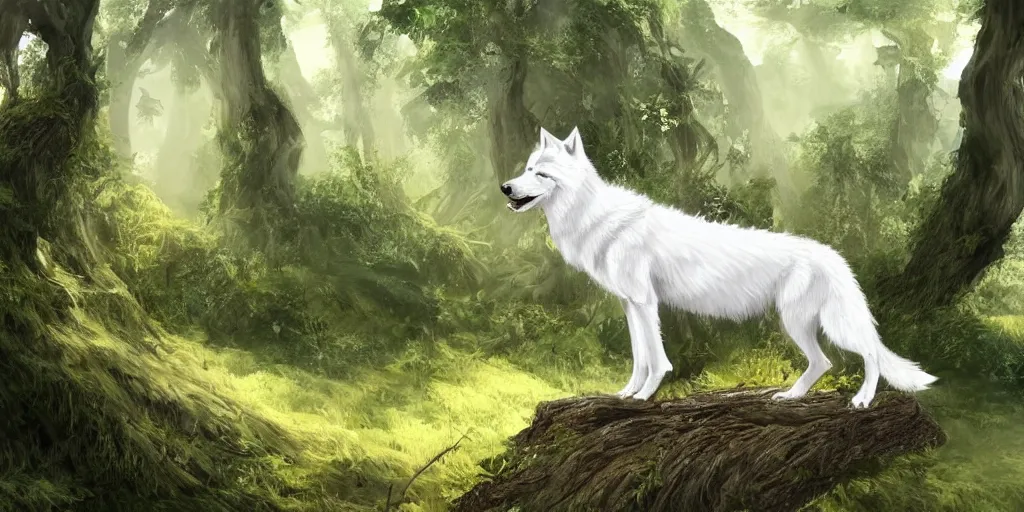 Image similar to highly detailed digital art of a magestic white wolf standing on an overgrown fallen tree trunk, lush surroundings, sunshine, tranquil, artstation
