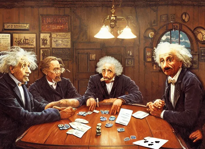 Image similar to albert einstein and isaac newton and stephen hawkins playing poker in an old west saloon, intricate, highly detailed, centered, digital painting, artstation, concept art, smooth, sharp focus, illustration, art by james gurney and norman rockwell and greg rutkowski