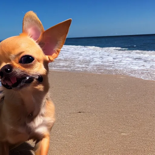 Prompt: photo of a tan chihuahua with his tongue sticking out at the beach