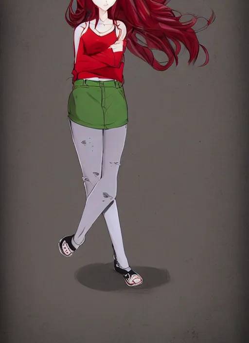 Prompt: full-body shot of an attractive tomboy girl with long, crimson red hair and red eyes, wearing a dark red shirt and green jeans with a stern look, concept art, character design, character turnaround, by WLOP, by Tomine, by Kon, Satoshi, by Hildebrandt
