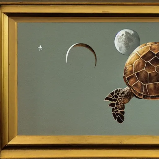 Prompt: a turtle flying over the moon, painting