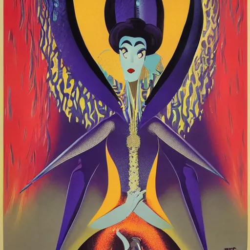 Prompt: a vintage poster of a animation movie titled Vulvine, about a fantasy dark queen jewels Death, by Saul bass, by Georgia o keeffe, by Gustave Moreau