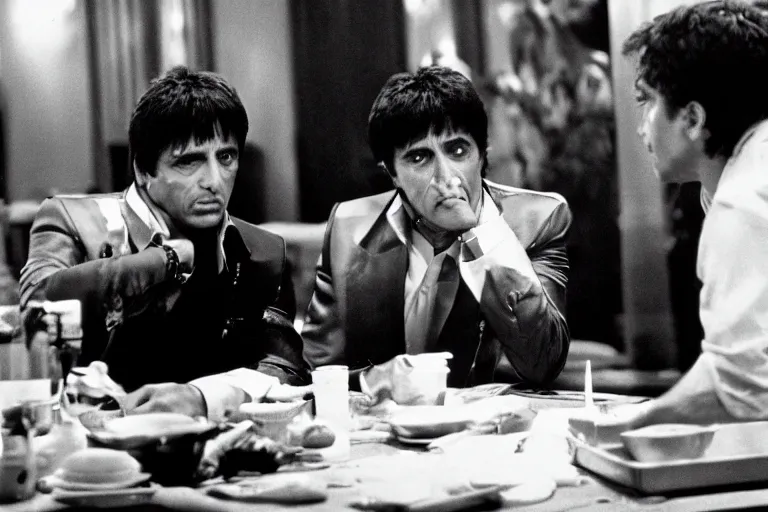 Image similar to medium shot. tony montana from movie scarface 1 9 8 3. staying with m 1 6 riffle. table with cocaine in background. al pacino. perfect symmetric face, coherent eyes, fine details, 4 k, ron cobb. cinestill