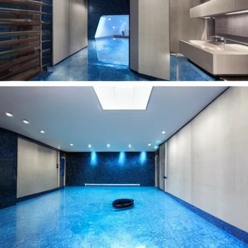 Prompt: a startrek futuristic with walls and floor made of blue granite. There is a small swimming pool on the floor