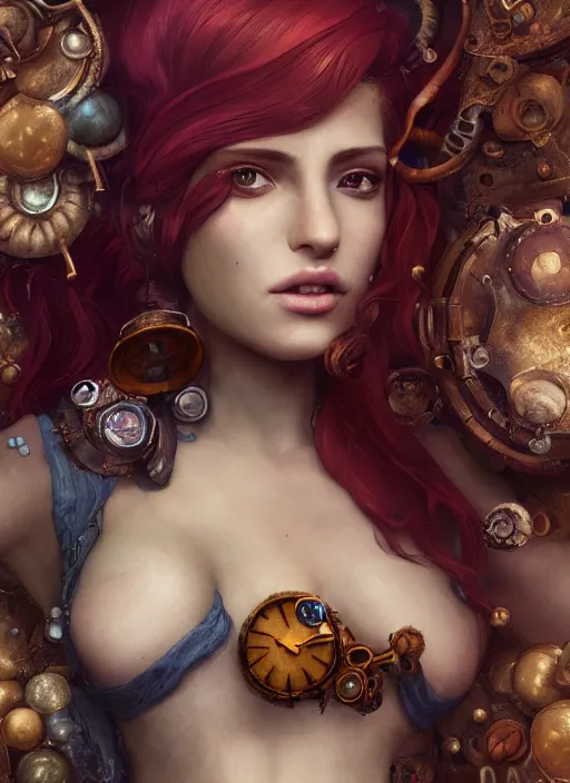 Prompt: underwater steampunk portrait of arianna grande, red hair, octopus, hyper detailed, digital art, cinematic lighting, studio quality, smooth render, unreal engine 5, octane rendered, art style by klimt and nixeu and ian sprigger and wlop and krenz cushart.