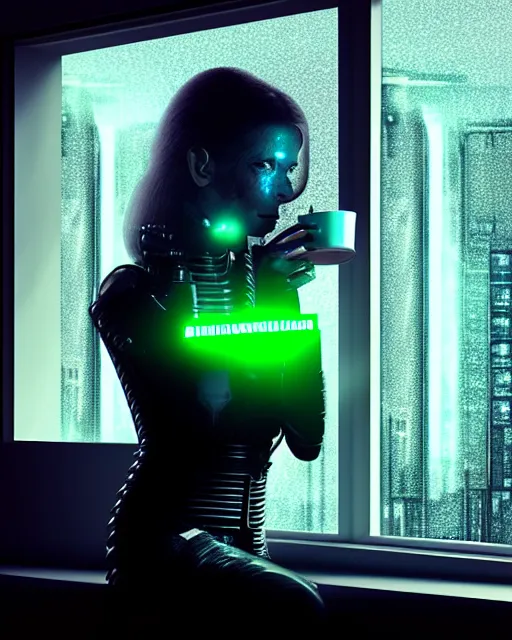 Prompt: a terminator cyborg lady with borg implants and a young human face is drinking coffee near a window with dystopian city visible outside. tiny green led lights in her cybernetics. very detailed 8 k. horror cyberpunk style.