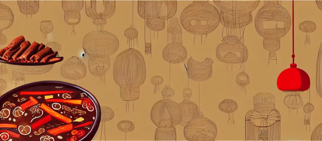 Prompt: a beautiful simple 4 k hd wall paper illustration of roasted string hotpot, wallpaper design, simple style, gourmet style, commercial kebab hotpot wallpaper display, wall painting, from china, with merchant logo, simple structure, surrealistic, chinese style, victo ngai, james jean, denoise, deblurring