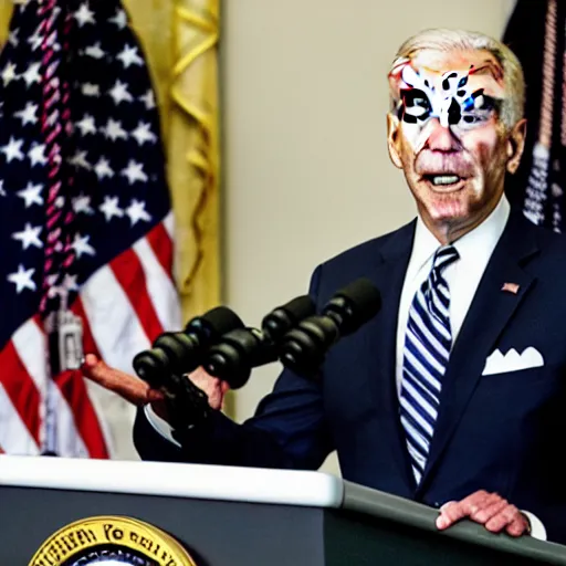 Image similar to Pulitzer-prize winning photograph of Joe Biden giving a press conference with heavy black smoke pouring from his mouth, nose, and eyesockets and pooling on the floor, unbearable anxiety, uncanny liminal space