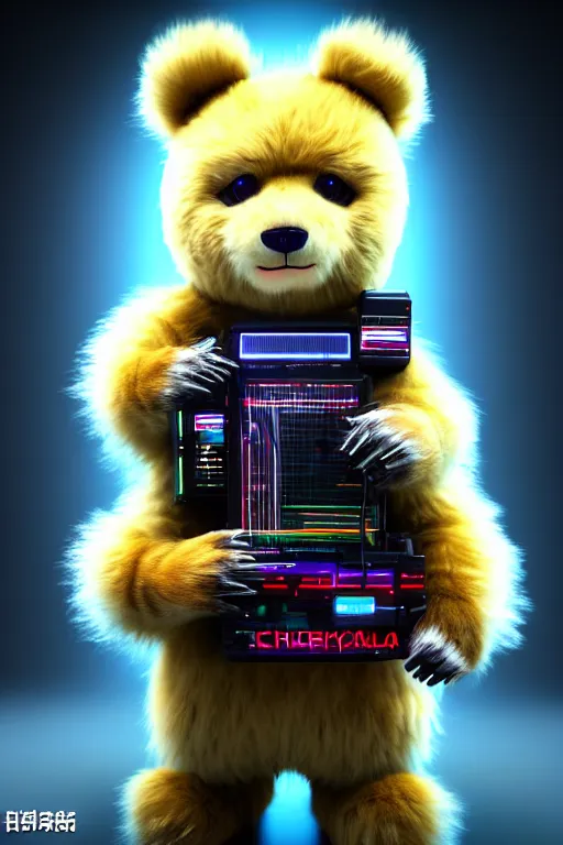 Prompt: high quality 3 d render very cute fluffy cyberpunk bear! plays electric guitar, cyberpunk highly detailed, unreal engine cinematic smooth, in the style of blade runner & detective pikachu, hannah yata charlie immer, moody light, low angle, uhd 8 k, sharp focus