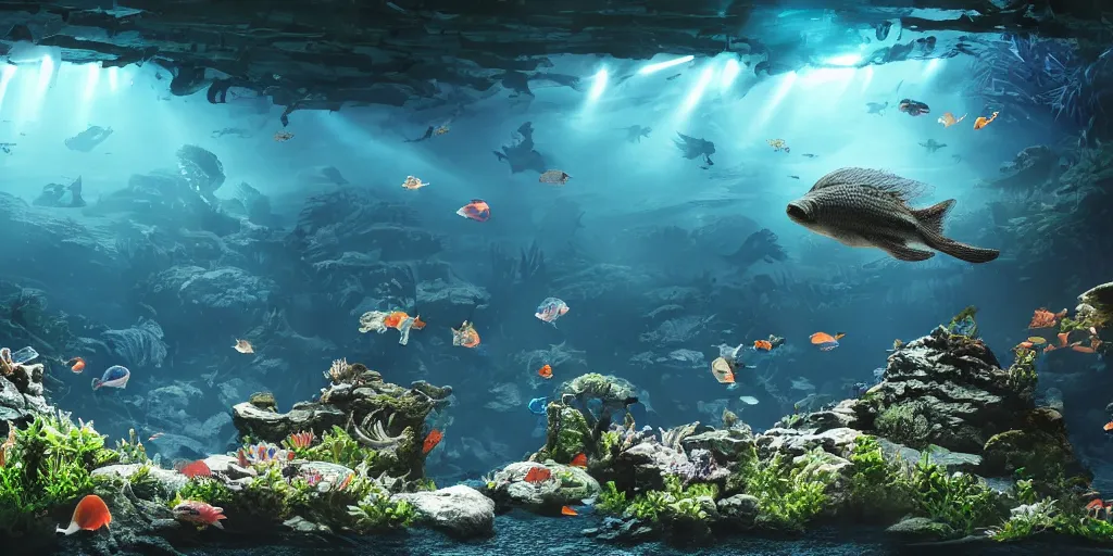 Image similar to aquarium battle royale, superwide angle, light through the mist, dramatic lighting, photorealistic, cinematic lighting, high detail, cinematic feel, high octane, 4K, Unreal Engine, digital render, intricate, ultra realistic, concept art