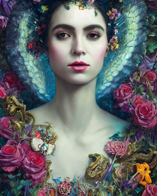 Image similar to portrait of the mexican queen of the underworld, surrounded by flowers by karol bak, james jean, tom bagshaw, rococo, sharp focus, trending on artstation, cinematic lighting, hyper realism, octane render, 8 k, hyper detailed.