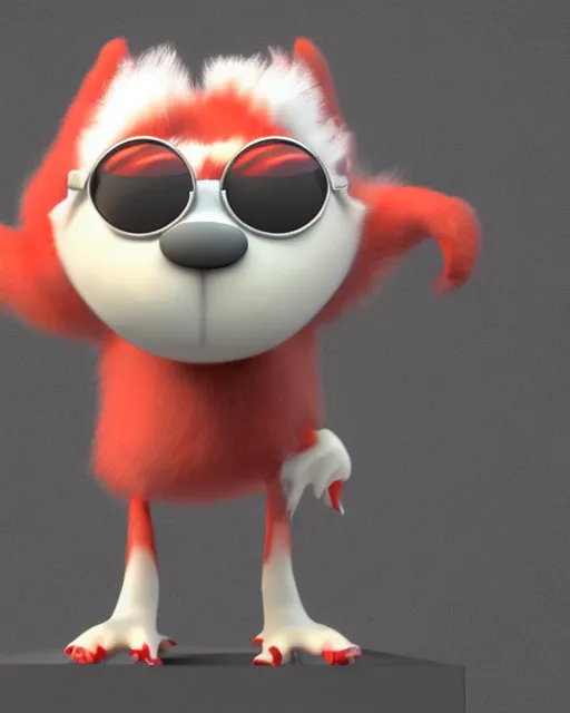 Image similar to 3 d render of completely red hairy friendly antropomorphic cartoony creature wearing chrome shades, without nose, full body, simple, cute, white background, unreal engine 5 hdr