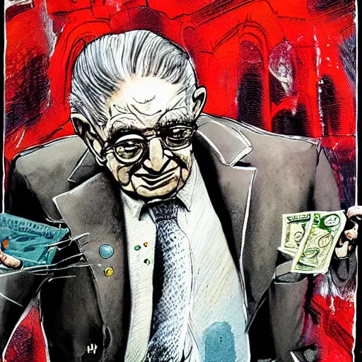 Image similar to George Soros full body shot, dollar bills Body horror, biopunk, by Ralph Steadman, Francis Bacon, Hunter S Thompson