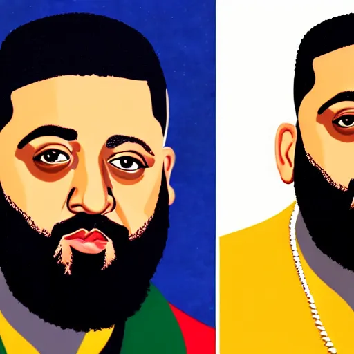 Image similar to ultra realistic portrait of dj khaled in a studio, ultra detailed, under blue, red and yellow cinematic lighting, by van gogh, cartoon